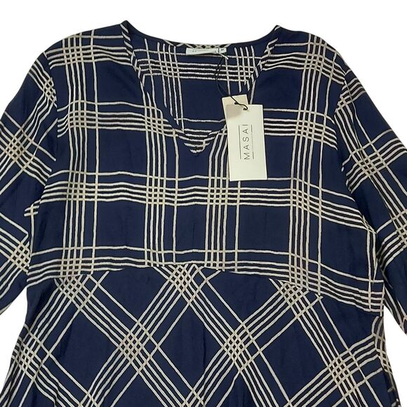 MASAI Copenhagen Narcelle Midi Dress Womens Medium Navy V-Neck Check Academia - Picture 2 of 12